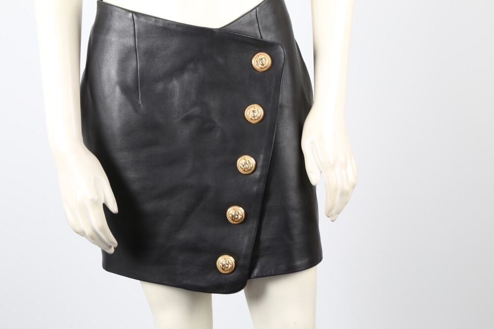 BALMAIN Paris Black Lambskin Leather Asymmetric Wrap Mini Skirt Gold Buttons 38